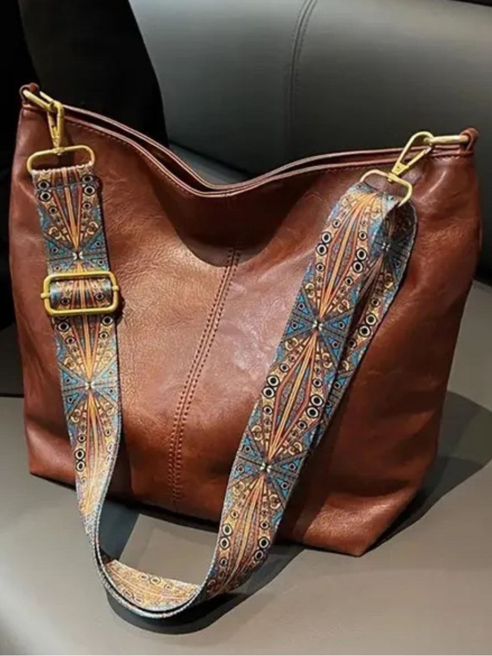 #2816*”9x12”Brown Leather Crossbody Bag with Patterned Adjustable Strap - Picture 1 of 17